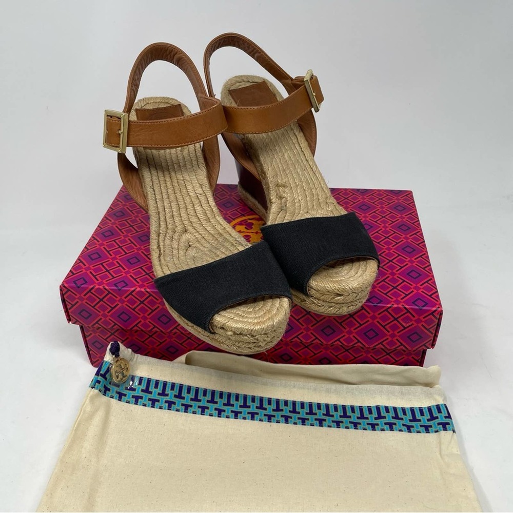 Tory Burch Black Brown Espadrille Wedge Sandals 7